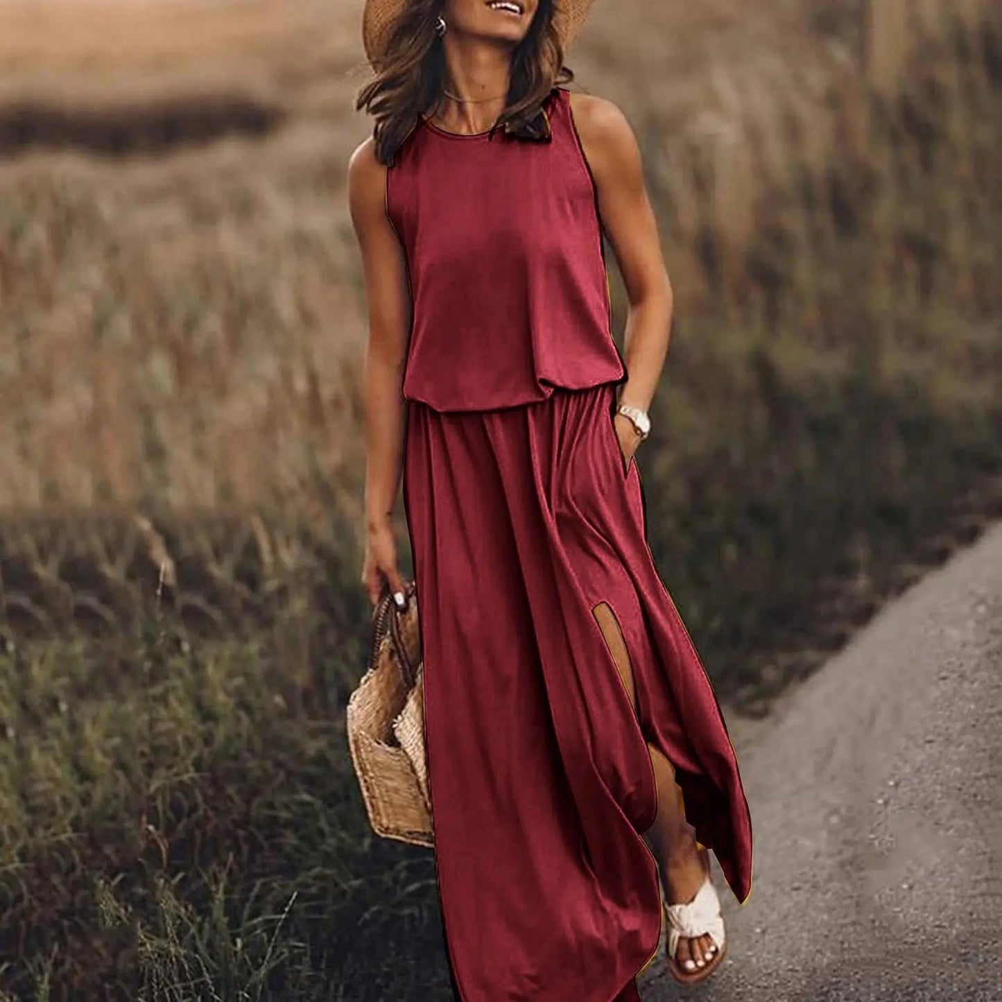Women's Sleeveless Dress Round Neck Split Solid Color Leisure Long Dress Summer Loose Plus Size Casual Ladies Maxi Dress