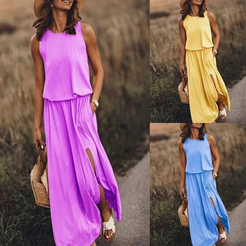 Women's Sleeveless Dress Round Neck Split Solid Color Leisure Long Dress Summer Loose Plus Size Casual Ladies Maxi Dress