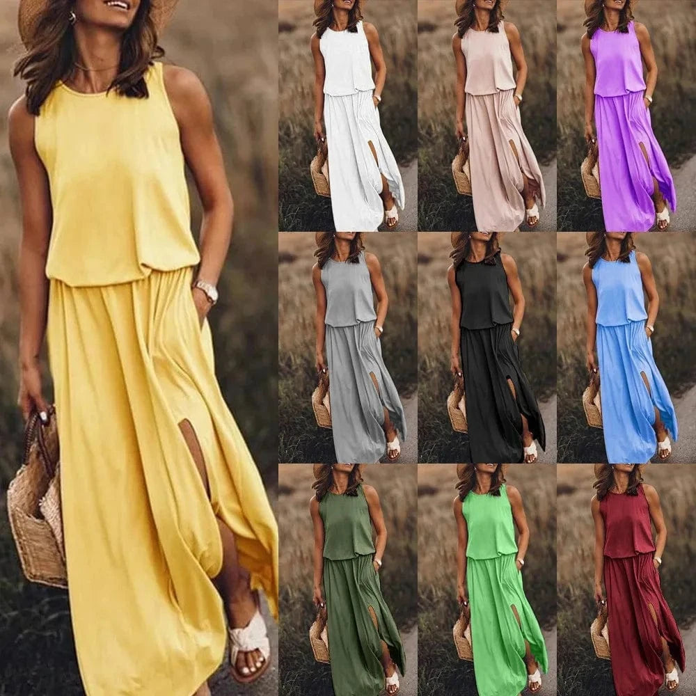 Women's Sleeveless Dress Round Neck Split Solid Color Leisure Long Dress Summer Loose Plus Size Casual Ladies Maxi Dress
