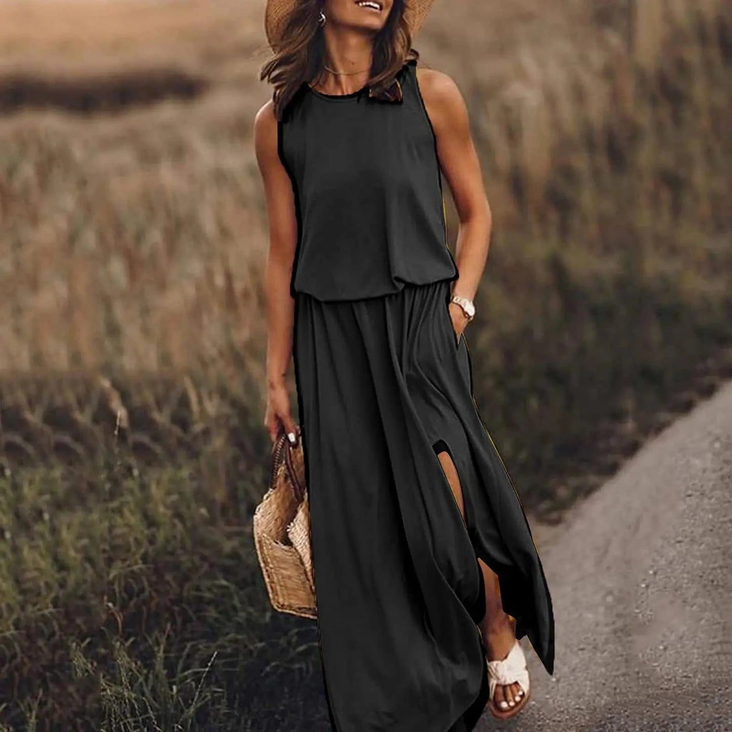 Women's Sleeveless Dress Round Neck Split Solid Color Leisure Long Dress Summer Loose Plus Size Casual Ladies Maxi Dress