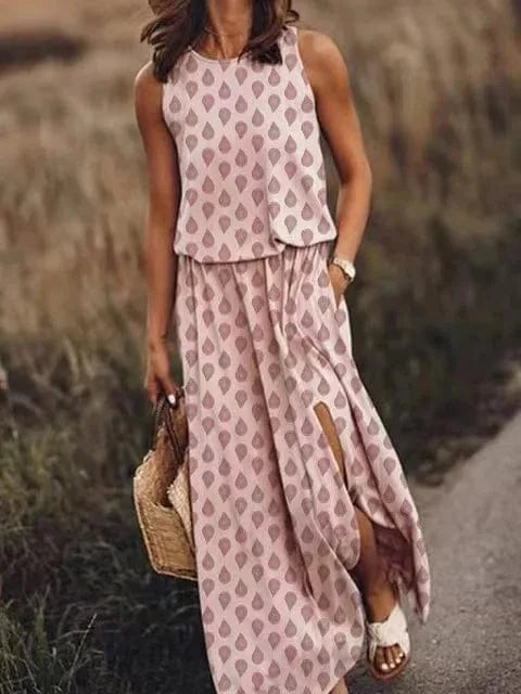 Women's Sleeveless Dress Round Neck Split Solid Color Leisure Long Dress Summer Loose Plus Size Casual Ladies Maxi Dress