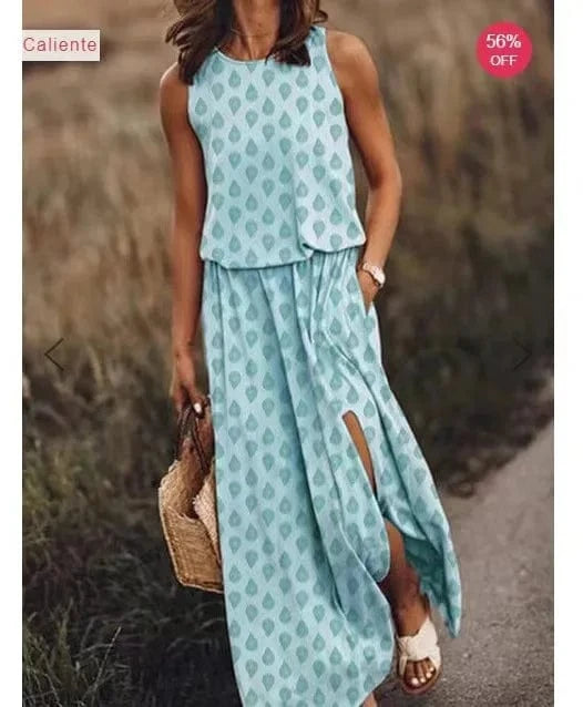 Women's Sleeveless Dress Round Neck Split Solid Color Leisure Long Dress Summer Loose Plus Size Casual Ladies Maxi Dress