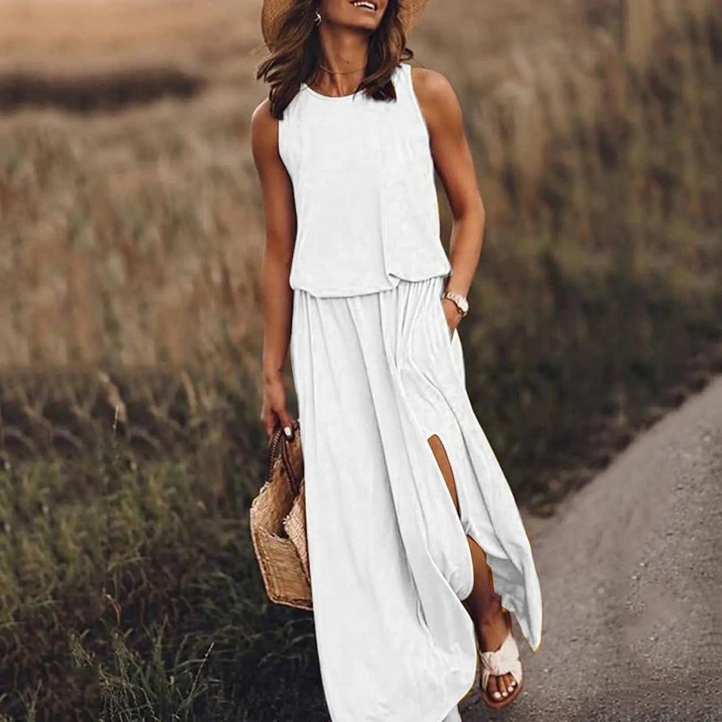 Women's Sleeveless Dress Round Neck Split Solid Color Leisure Long Dress Summer Loose Plus Size Casual Ladies Maxi Dress