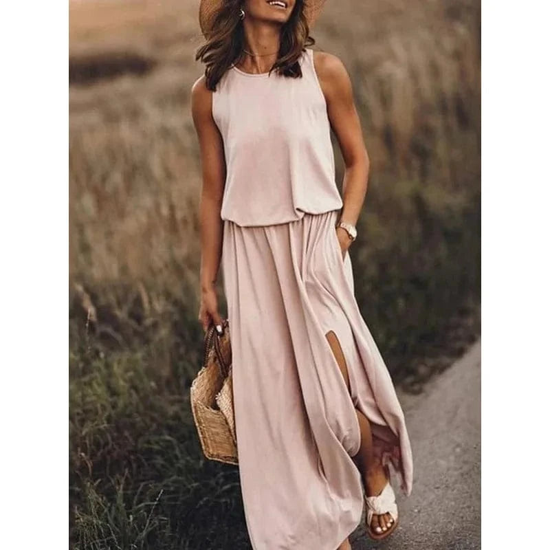 Women's Sleeveless Dress Round Neck Split Solid Color Leisure Long Dress Summer Loose Plus Size Casual Ladies Maxi Dress