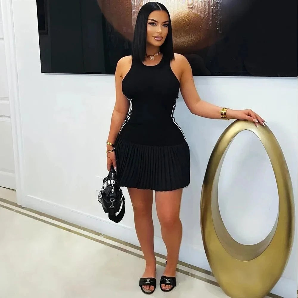 Women's Sleeveless Side Striped Stretch Pleated Mini Dress for 2025 Summer Sexy Casual Short Dresses Sports Streetwear Clothing