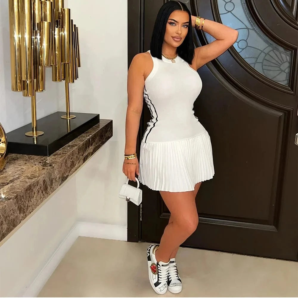 Women's Sleeveless Side Striped Stretch Pleated Mini Dress for 2025 Summer Sexy Casual Short Dresses Sports Streetwear Clothing