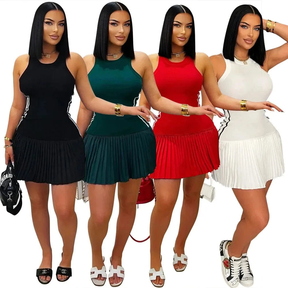 Women's Sleeveless Side Striped Stretch Pleated Mini Dress for 2025 Summer Sexy Casual Short Dresses Sports Streetwear Clothing
