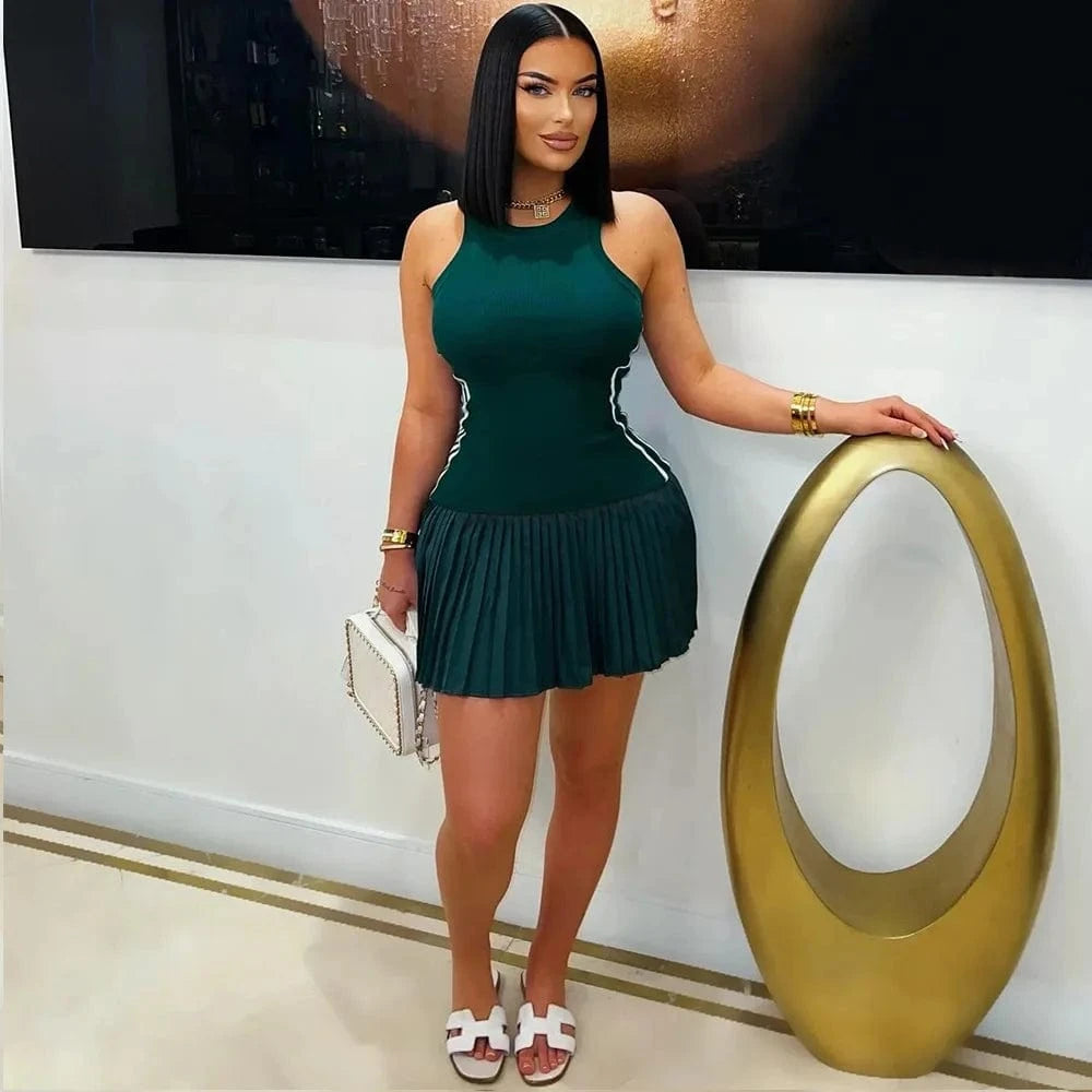 Women's Sleeveless Side Striped Stretch Pleated Mini Dress for 2025 Summer Sexy Casual Short Dresses Sports Streetwear Clothing