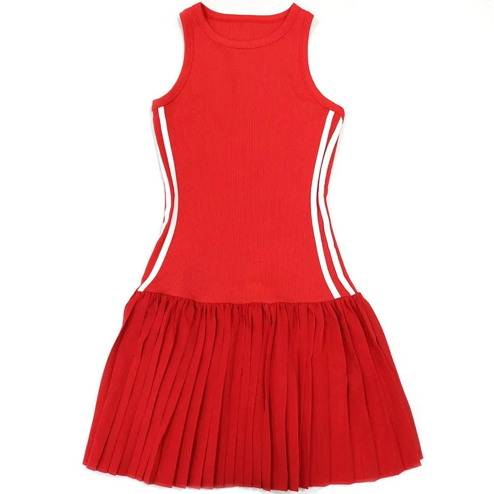 Women's Sleeveless Side Striped Stretch Pleated Mini Dress for 2025 Summer Sexy Casual Short Dresses Sports Streetwear Clothing