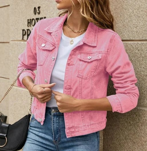 Women's Solid Color Denim Jacket Casual Long Sleeve Button Down Chest Pocket Jean Jacket coat for women