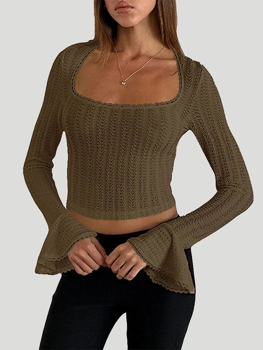 Women's Solid Color T-Shirts Autumn Textured Picot Trim Scoop Neck Long Bell Sleeves Slim Fit Crop Tops Female Casual Pullovers