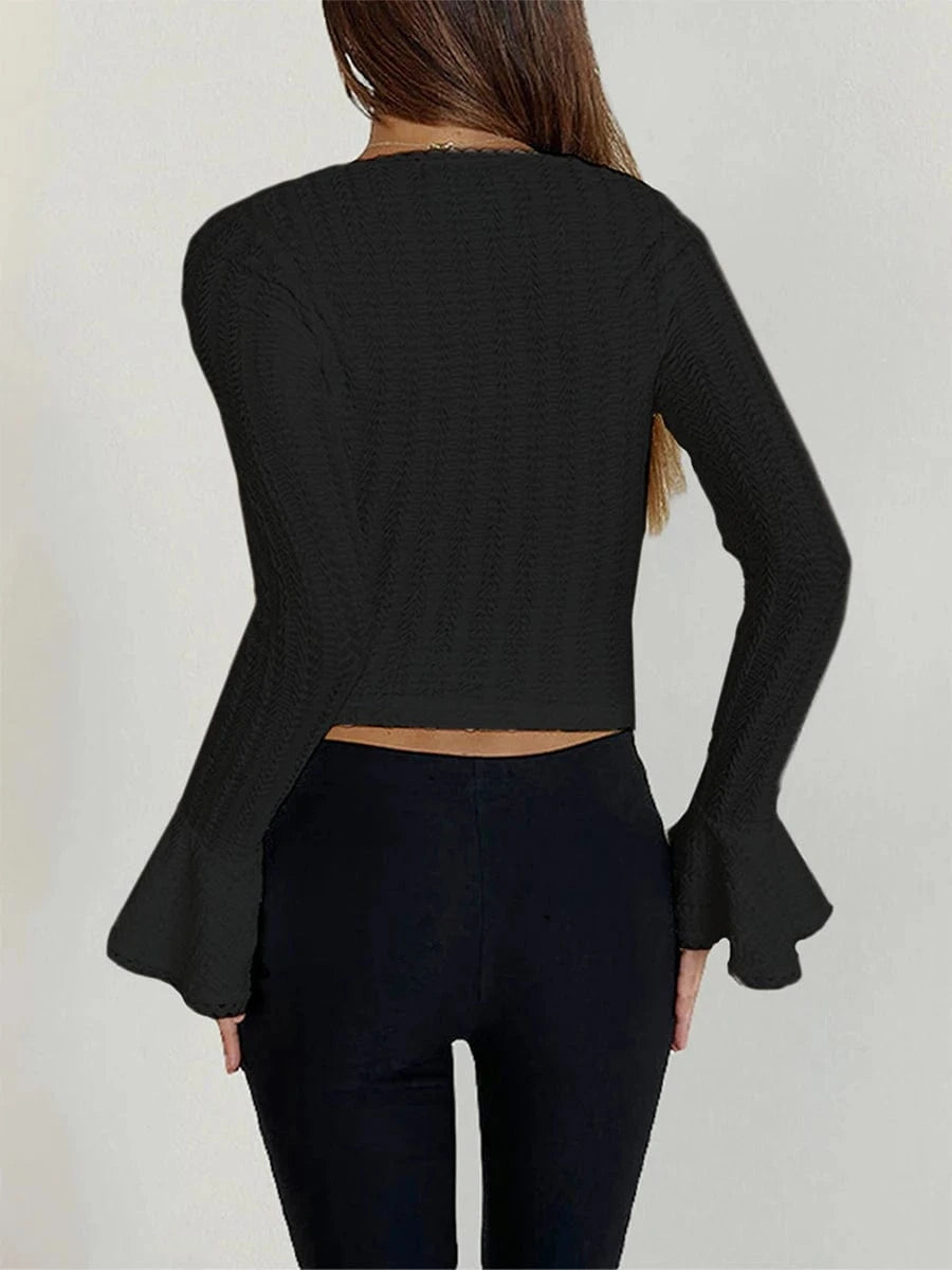 Women's Solid Color T-Shirts Autumn Textured Picot Trim Scoop Neck Long Bell Sleeves Slim Fit Crop Tops Female Casual Pullovers