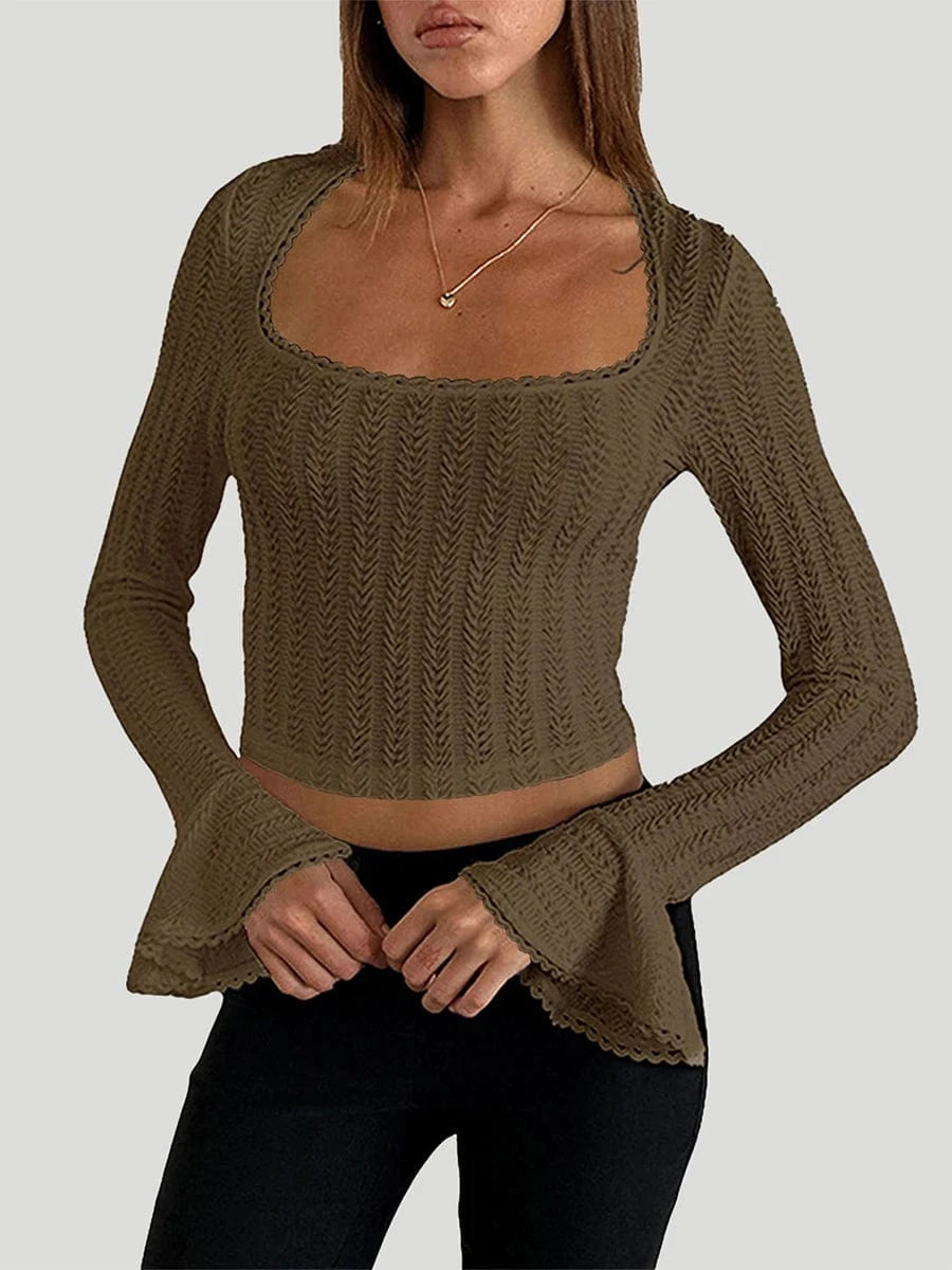 Women's Solid Color T-Shirts Autumn Textured Picot Trim Scoop Neck Long Bell Sleeves Slim Fit Crop Tops Female Casual Pullovers