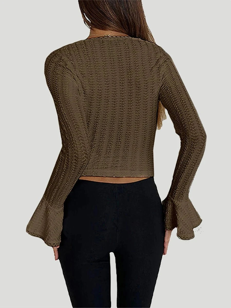 Women's Solid Color T-Shirts Autumn Textured Picot Trim Scoop Neck Long Bell Sleeves Slim Fit Crop Tops Female Casual Pullovers