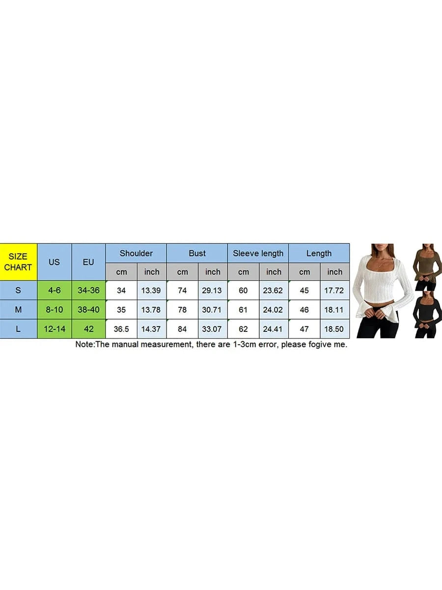 Women's Solid Color T-Shirts Autumn Textured Picot Trim Scoop Neck Long Bell Sleeves Slim Fit Crop Tops Female Casual Pullovers