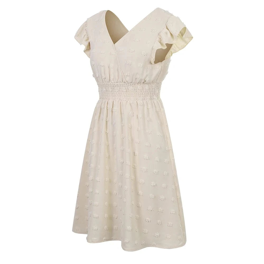 Women's Solid Flying Sleeve V-Neck Skater Mini Dress Summer Ladies Beach Holiday Vacation Picnic Chic Sundress Size S-2XL