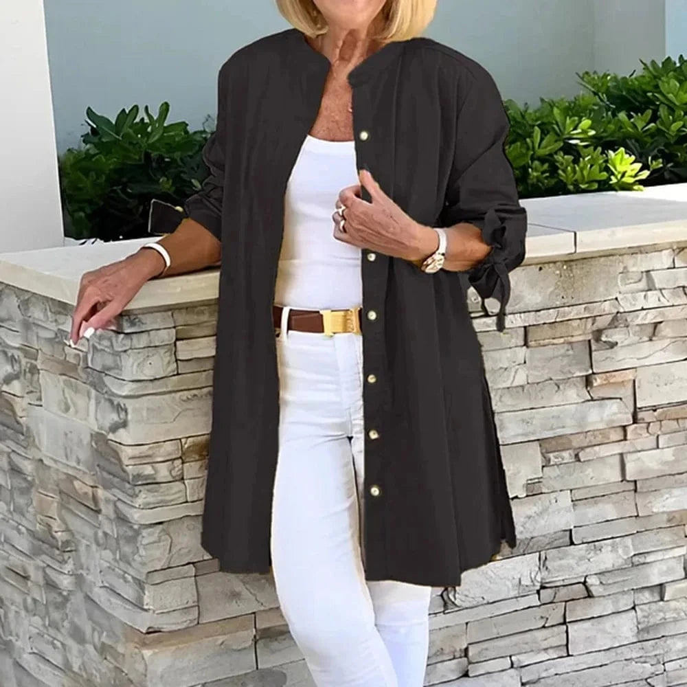 Women's Solid Long Sleeve Stand Collar Shirts Blouse Spring Autumn Ladies Single Breasted Casual OL Office Tops Size S-3XL