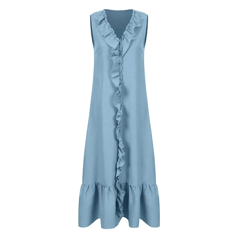 Women's Solid Sleeveless V-Neck Ruffle A-Line Maxi Dress Summer Ladies Casual Loose Beach Holiday Vacation Sundress Size S-2XL