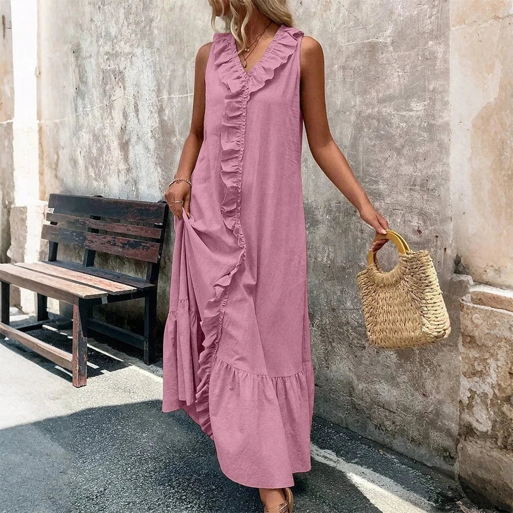 Women's Solid Sleeveless V-Neck Ruffle A-Line Maxi Dress Summer Ladies Casual Loose Beach Holiday Vacation Sundress Size S-2XL