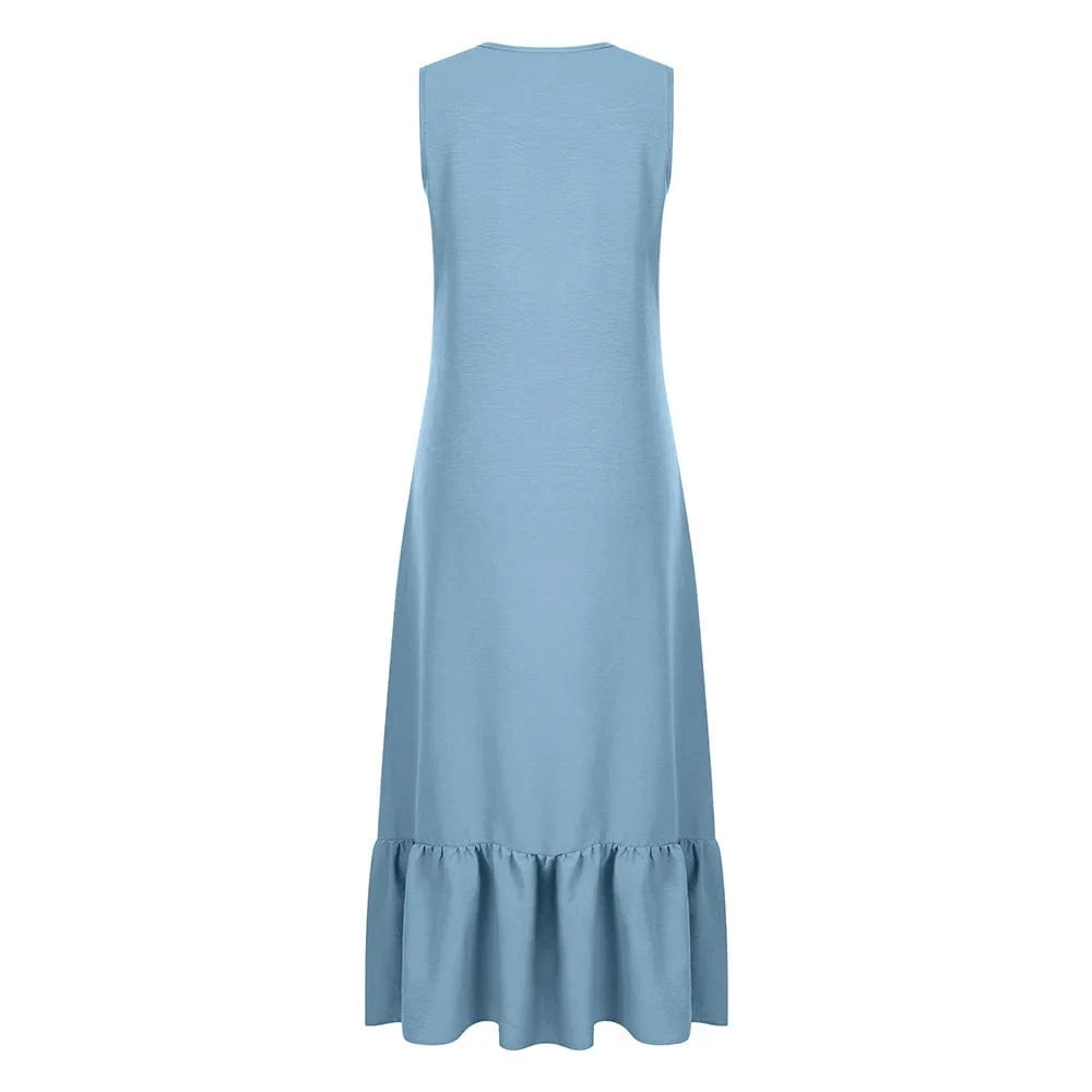 Women's Solid Sleeveless V-Neck Ruffle A-Line Maxi Dress Summer Ladies Casual Loose Beach Holiday Vacation Sundress Size S-2XL