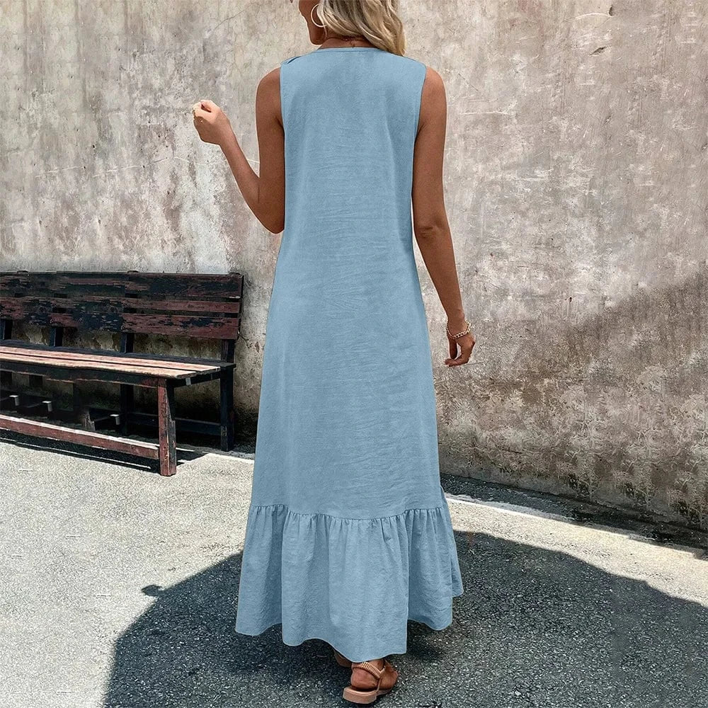 Women's Solid Sleeveless V-Neck Ruffle A-Line Maxi Dress Summer Ladies Casual Loose Beach Holiday Vacation Sundress Size S-2XL