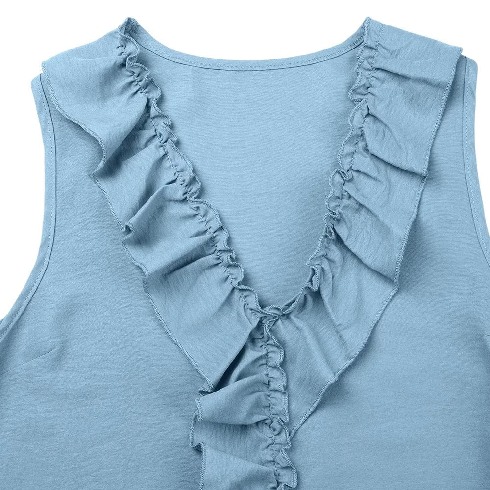 Women's Solid Sleeveless V-Neck Ruffle A-Line Maxi Dress Summer Ladies Casual Loose Beach Holiday Vacation Sundress Size S-2XL