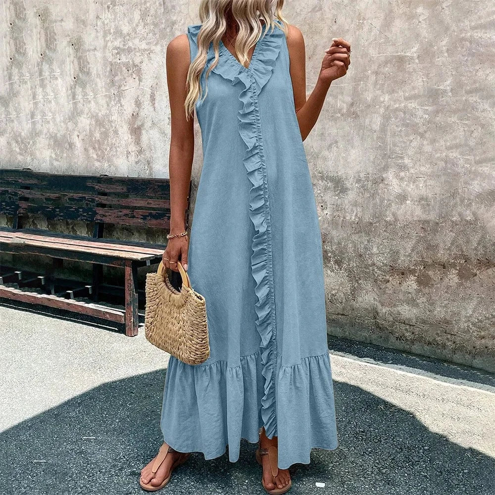 Women's Solid Sleeveless V-Neck Ruffle A-Line Maxi Dress Summer Ladies Casual Loose Beach Holiday Vacation Sundress Size S-2XL
