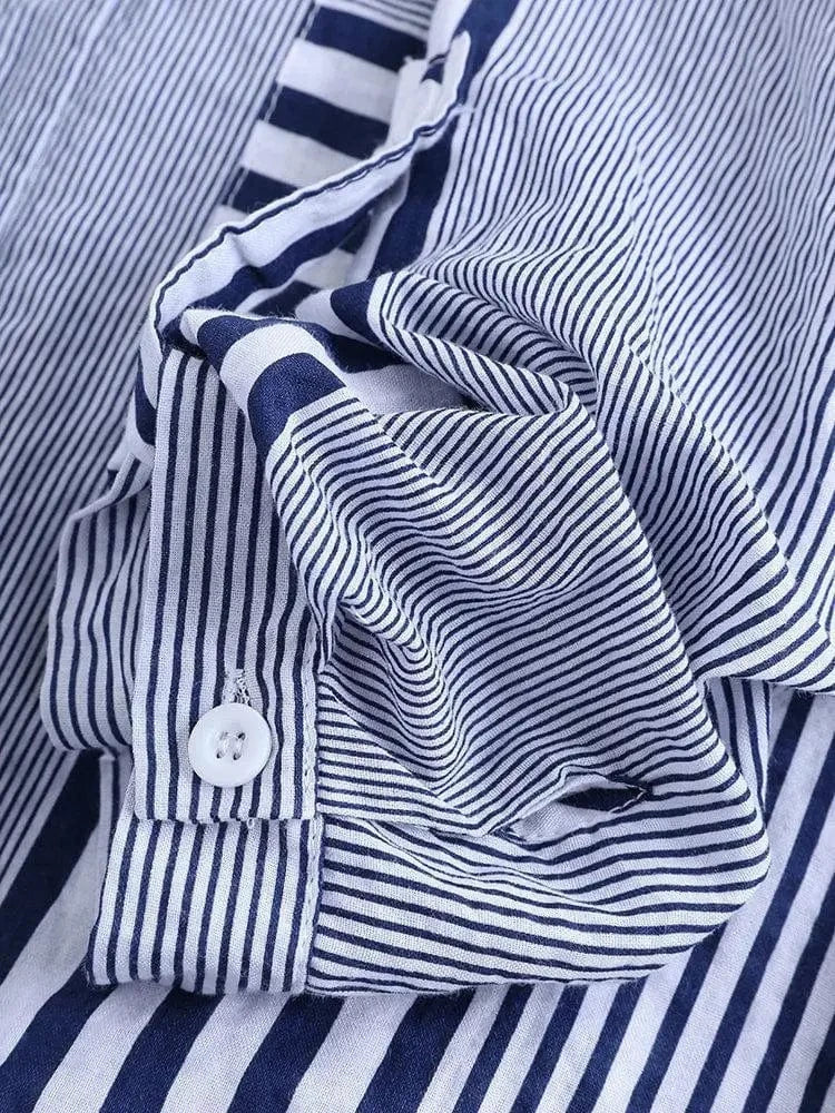 Women's Spring Fall Cotton Linen Long Sleeves Roll Up Striped Casual V Neck Button Down Shirts Blouses Collar Tunic Tops