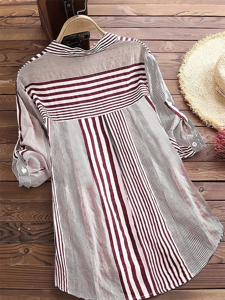 Women's Spring Fall Cotton Linen Long Sleeves Roll Up Striped Casual V Neck Button Down Shirts Blouses Collar Tunic Tops