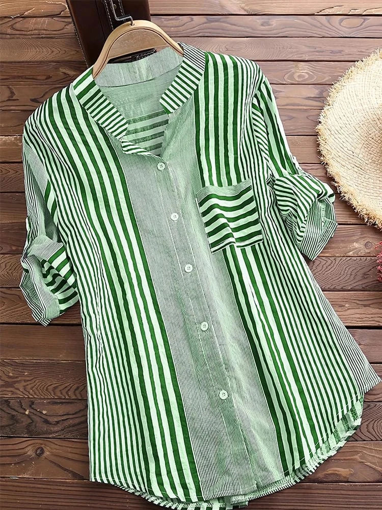 Women's Spring Fall Cotton Linen Long Sleeves Roll Up Striped Casual V Neck Button Down Shirts Blouses Collar Tunic Tops