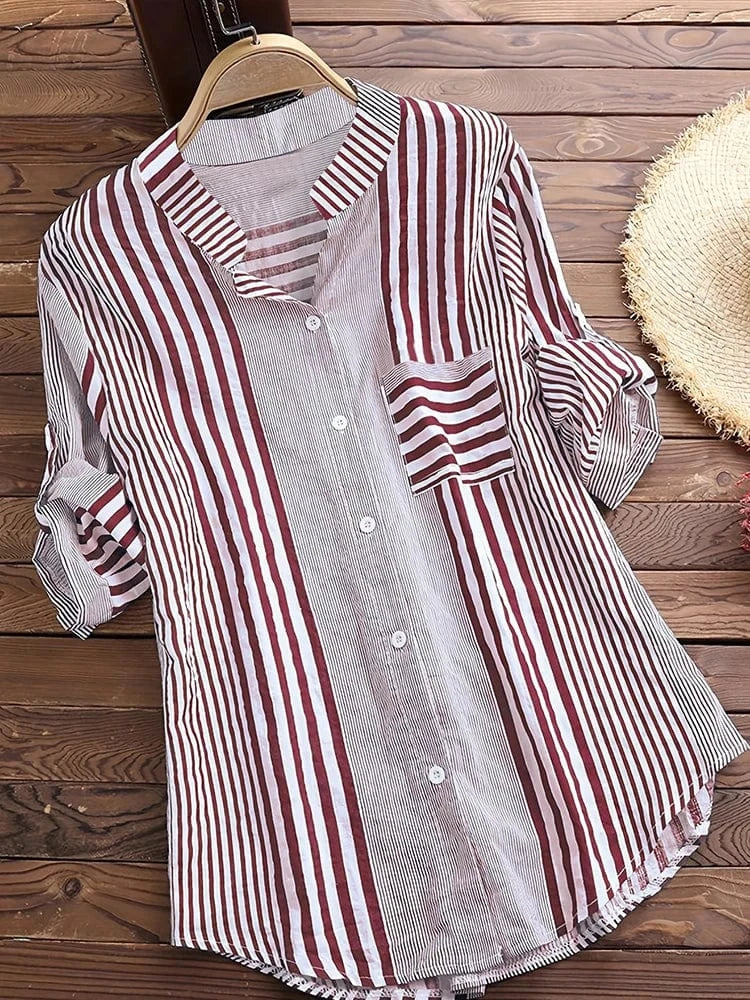 Women's Spring Fall Cotton Linen Long Sleeves Roll Up Striped Casual V Neck Button Down Shirts Blouses Collar Tunic Tops