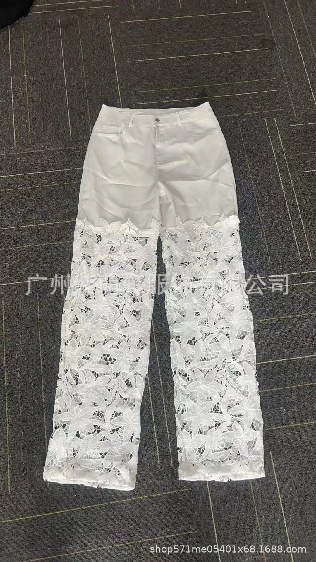 Women's Spring Summer Fashion Hollow Out Lace Splicing Denim Drape Pants Full Length Trousers