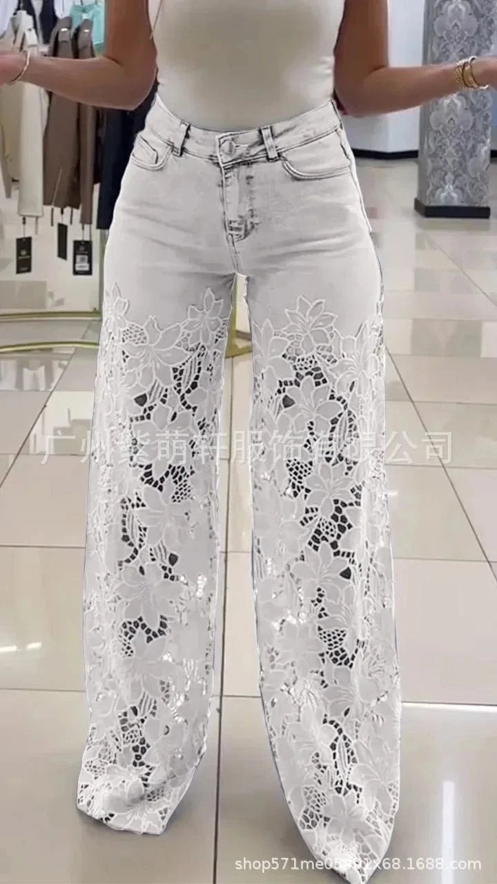 Women's Spring Summer Fashion Hollow Out Lace Splicing Denim Drape Pants Full Length Trousers