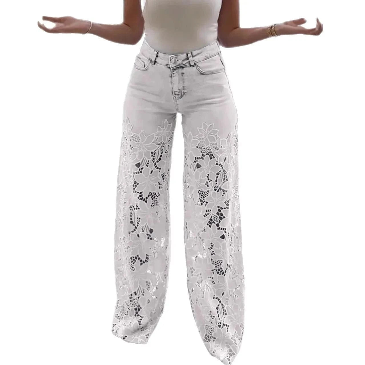 Women's Spring Summer Fashion Hollow Out Lace Splicing Denim Drape Pants Full Length Trousers