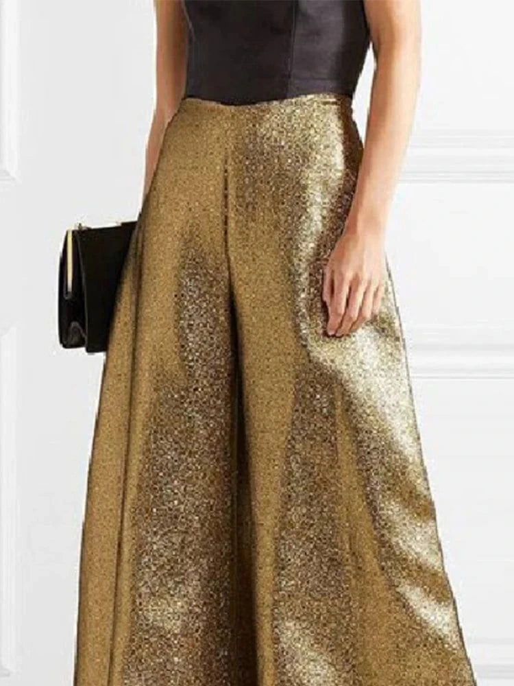 Women's Stylish Party Wear Pants Solid Gold High Waist A-line Wide Leg Pants Zippered Full-length Trousers Casual Pants