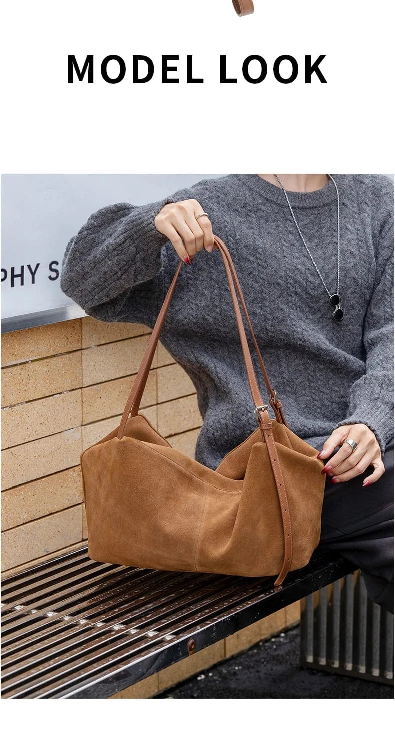 Women's Suede Genuine Leather Shoulder Bags Ladies Frosted Cowhide Crossbody Bag Female Design Luxury and Lazy Commuting Handbag