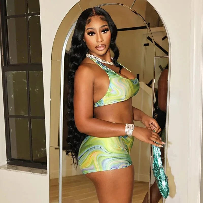 Women's Summer Clothing 2 Piece Shorts Set Printed Halter Crop Top and Elastic Shorts Two Piece Sports Tracksuits Set 2024