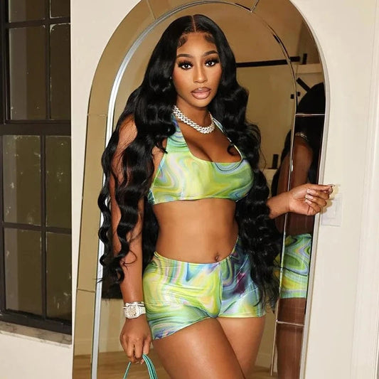 Women's Summer Clothing 2 Piece Shorts Set Printed Halter Crop Top and Elastic Shorts Two Piece Sports Tracksuits Set 2024