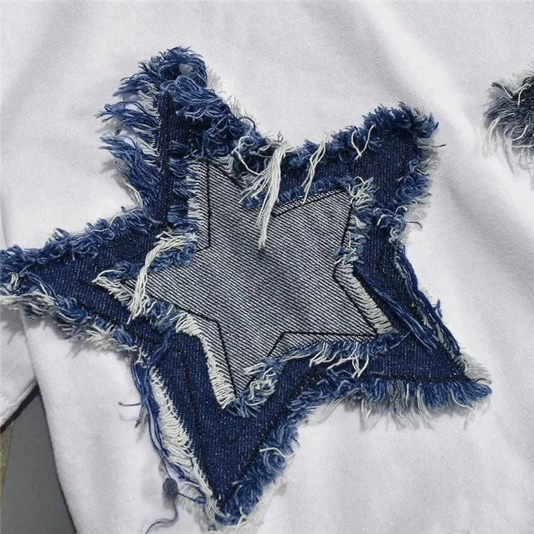 Women's Summer Crop Tops American Short Sleeve Crewneck Star Patch Short T-shirt Casual Basic Slim Tees