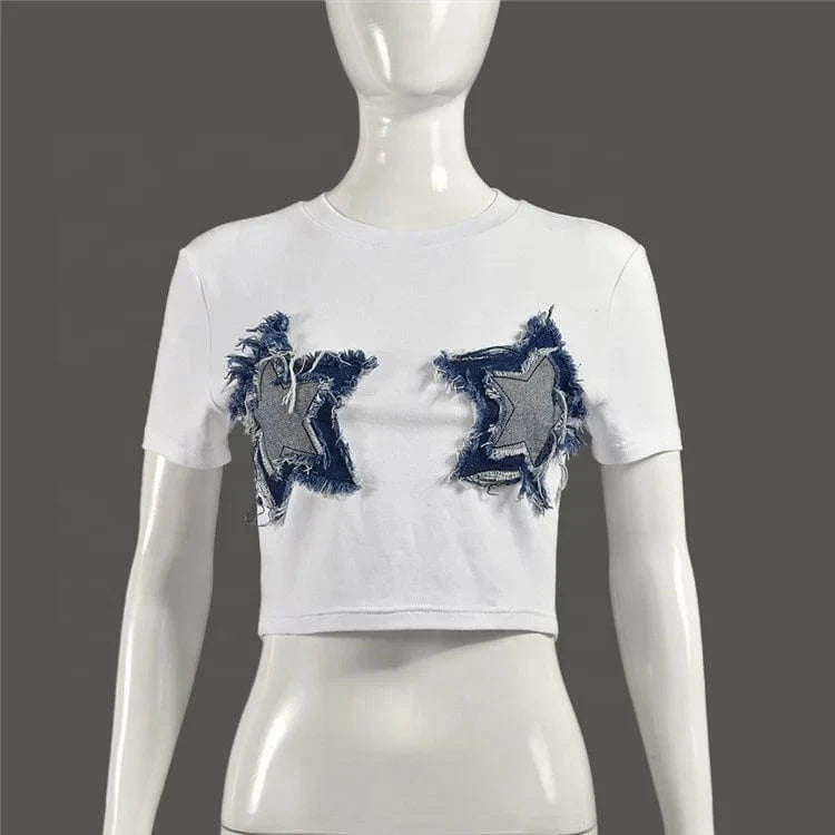 Women's Summer Crop Tops American Short Sleeve Crewneck Star Patch Short T-shirt Casual Basic Slim Tees