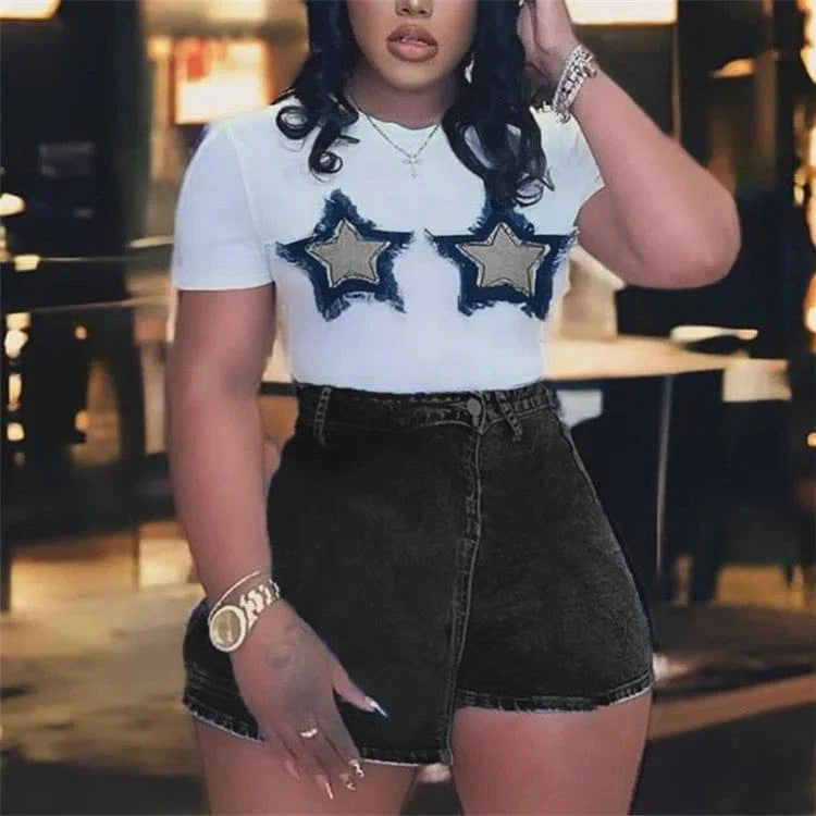Women's Summer Crop Tops American Short Sleeve Crewneck Star Patch Short T-shirt Casual Basic Slim Tees