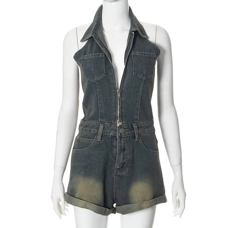 Women's Summer Demin Jeans Short Jumpsuits Lapel Sleeveless Halter Backless Retro Denim jumpsuit For Lady