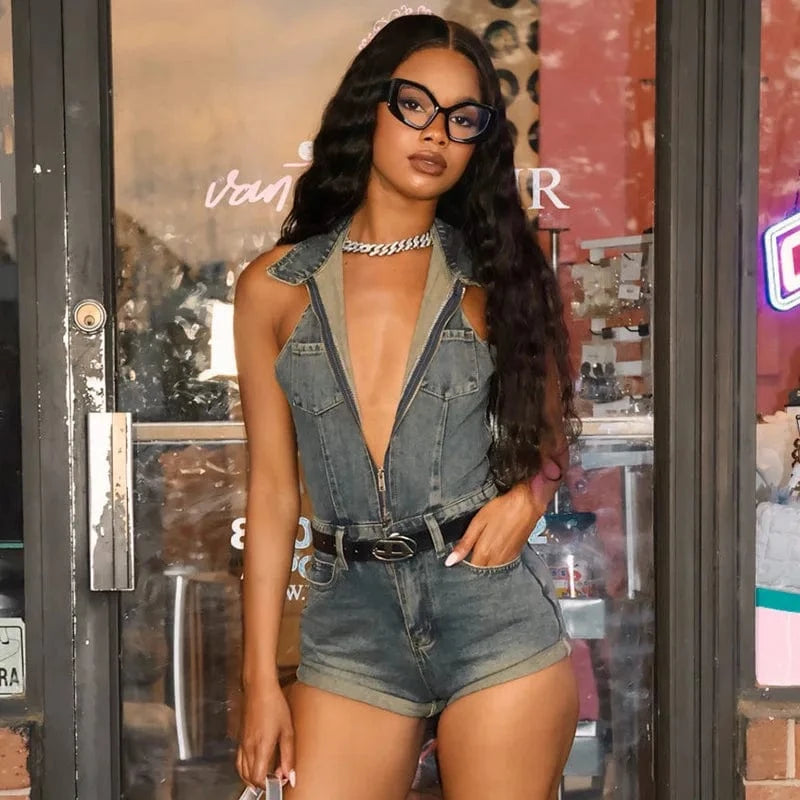 Women's Summer Demin Jeans Short Jumpsuits Lapel Sleeveless Halter Backless Retro Denim jumpsuit For Lady