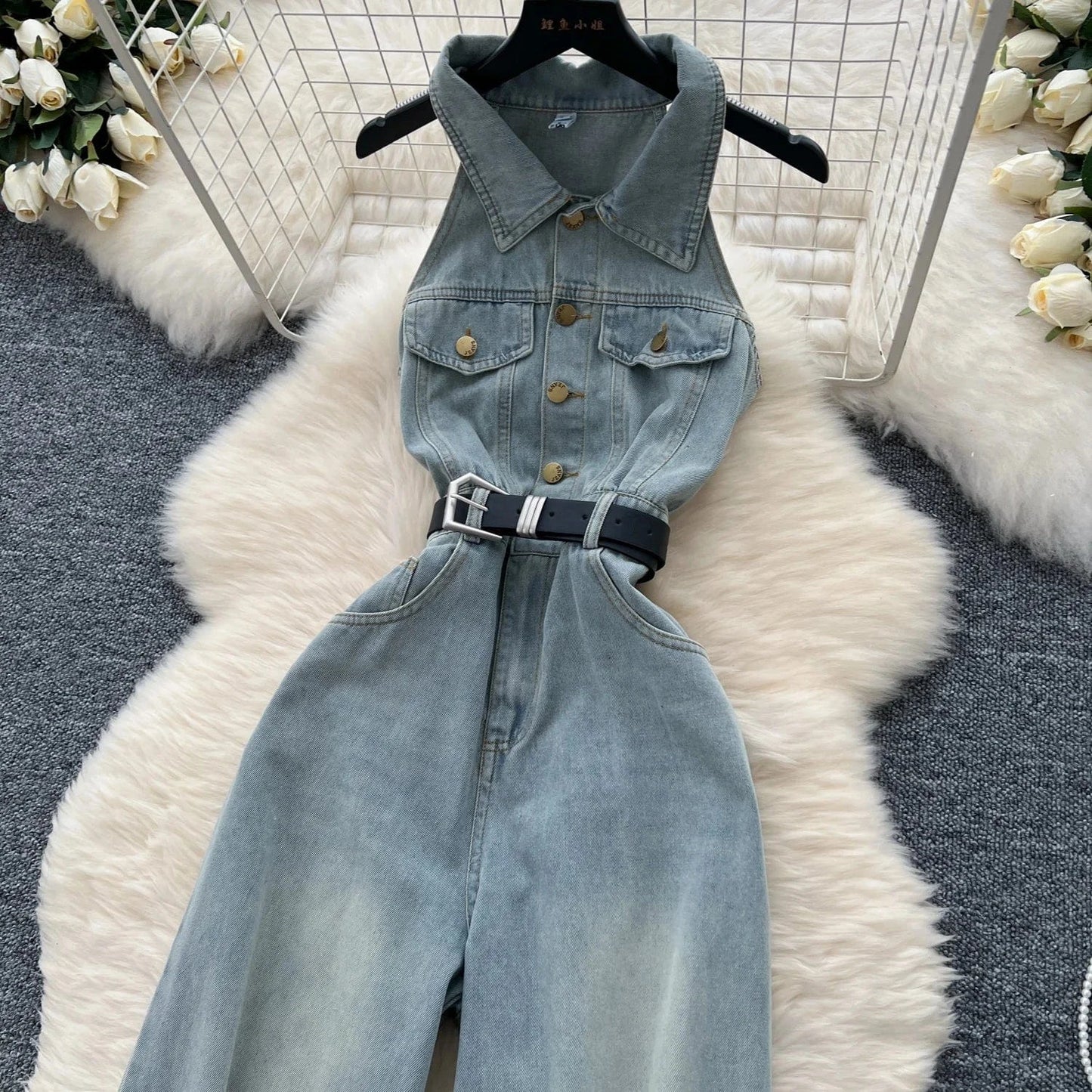 Women'S Summer Fashion Lapel Single-Breasted Waisted Denim Wide Leg Casual Jumpsuit