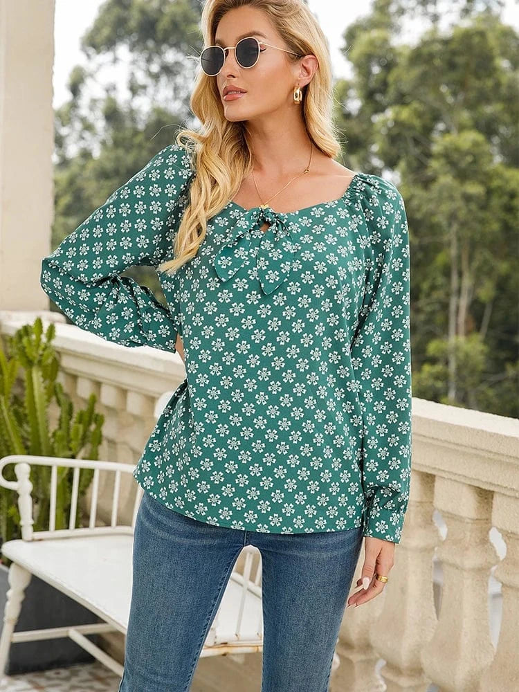 Women's Summer Fashion Square Collar Hollow Shirt Unbuttoned Long Sleeve Loose Casual Printed Top for Casual Wear