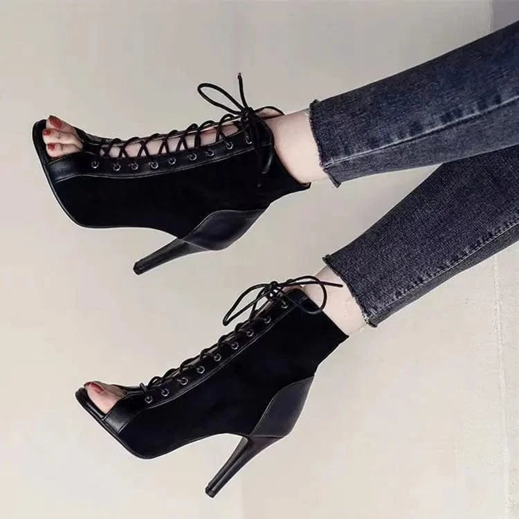 Women's Summer Lace-up Hollow-out Ankle Boots Stiletto Heel Dancing Shoes Large Size Open Toe Sandals