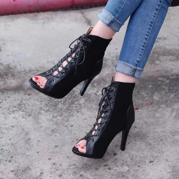 Women's Summer Lace-up Hollow-out Ankle Boots Stiletto Heel Dancing Shoes Large Size Open Toe Sandals