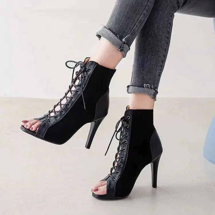 Women's Summer Lace-up Hollow-out Ankle Boots Stiletto Heel Dancing Shoes Large Size Open Toe Sandals