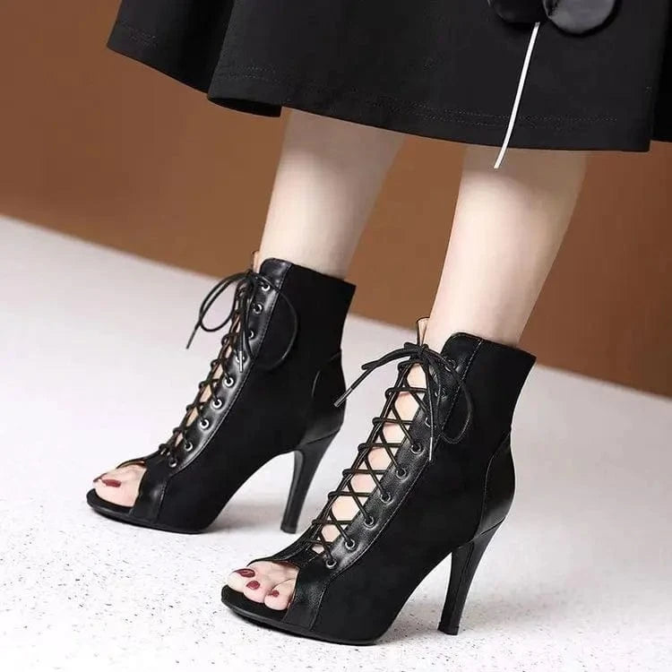 Women's Summer Lace-up Hollow-out Ankle Boots Stiletto Heel Dancing Shoes Large Size Open Toe Sandals