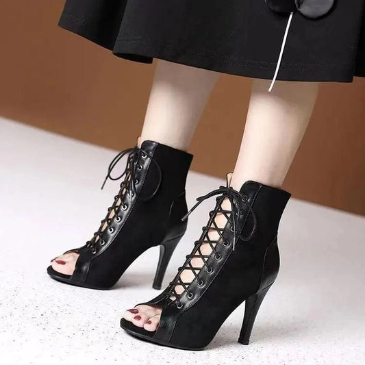 Women's Summer Lace-up Hollow-out Ankle Boots Stiletto Heel Dancing Shoes Large Size Open Toe Sandals